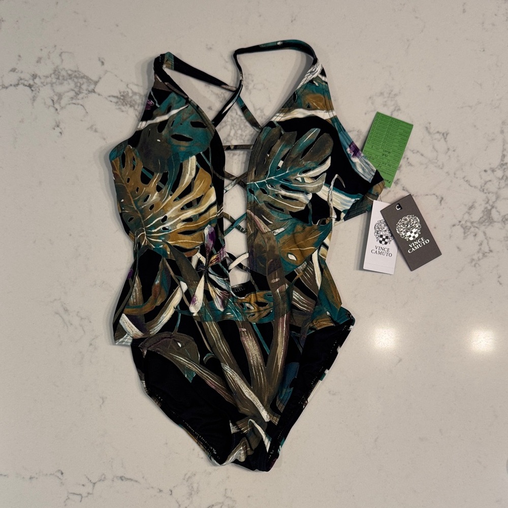 Women’s Jungle Leaf One Piece Swimsuit - Black and Green Size 8 NWT